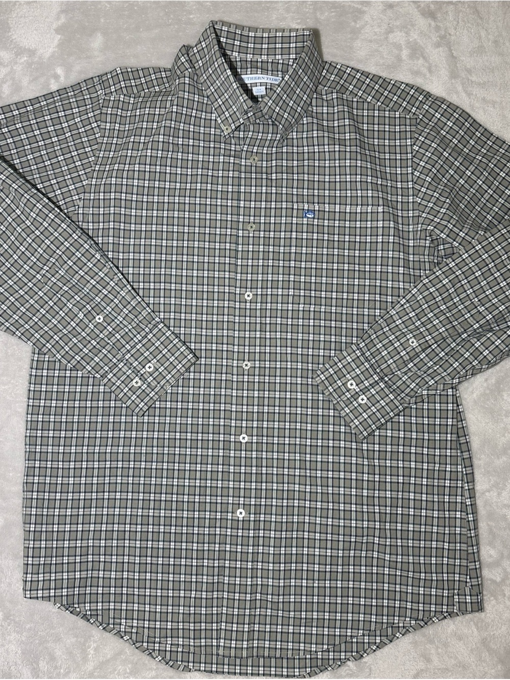 Southern Tide Men’s Classic Fit Olive and White Plaid Button-Down Shirt Sz M
